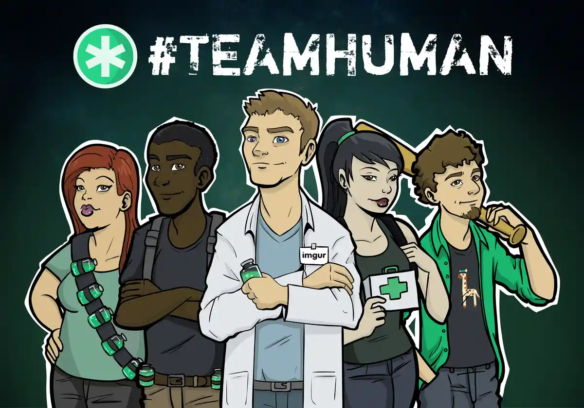 Five cartoon characters stand together against a dark green background, each holding medical or survival gear. From left to…