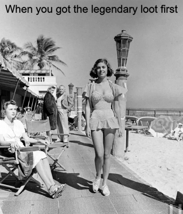 A vintage black-and-white photo shows a woman in a 1940s-style swimsuit walking confidently on a tiled beach promenade, with…