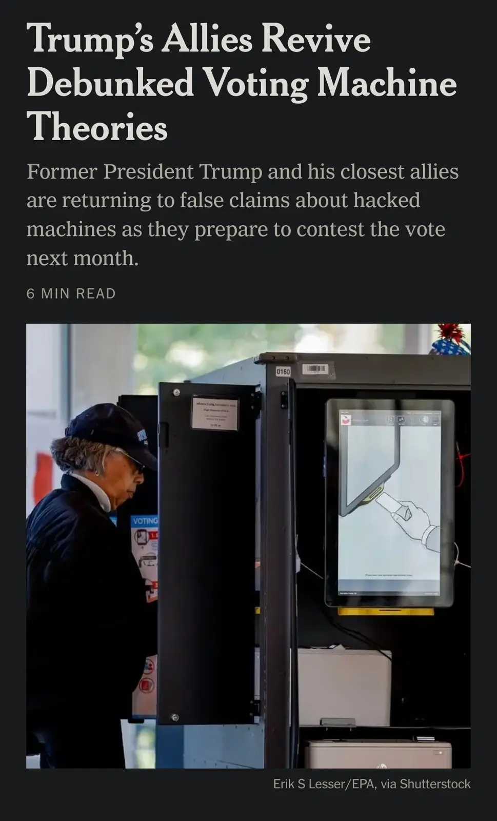 A news article headline reads 'Trump's Allies Revive Debunked Voting Machine Theories' above a photo of a woman in a dark…