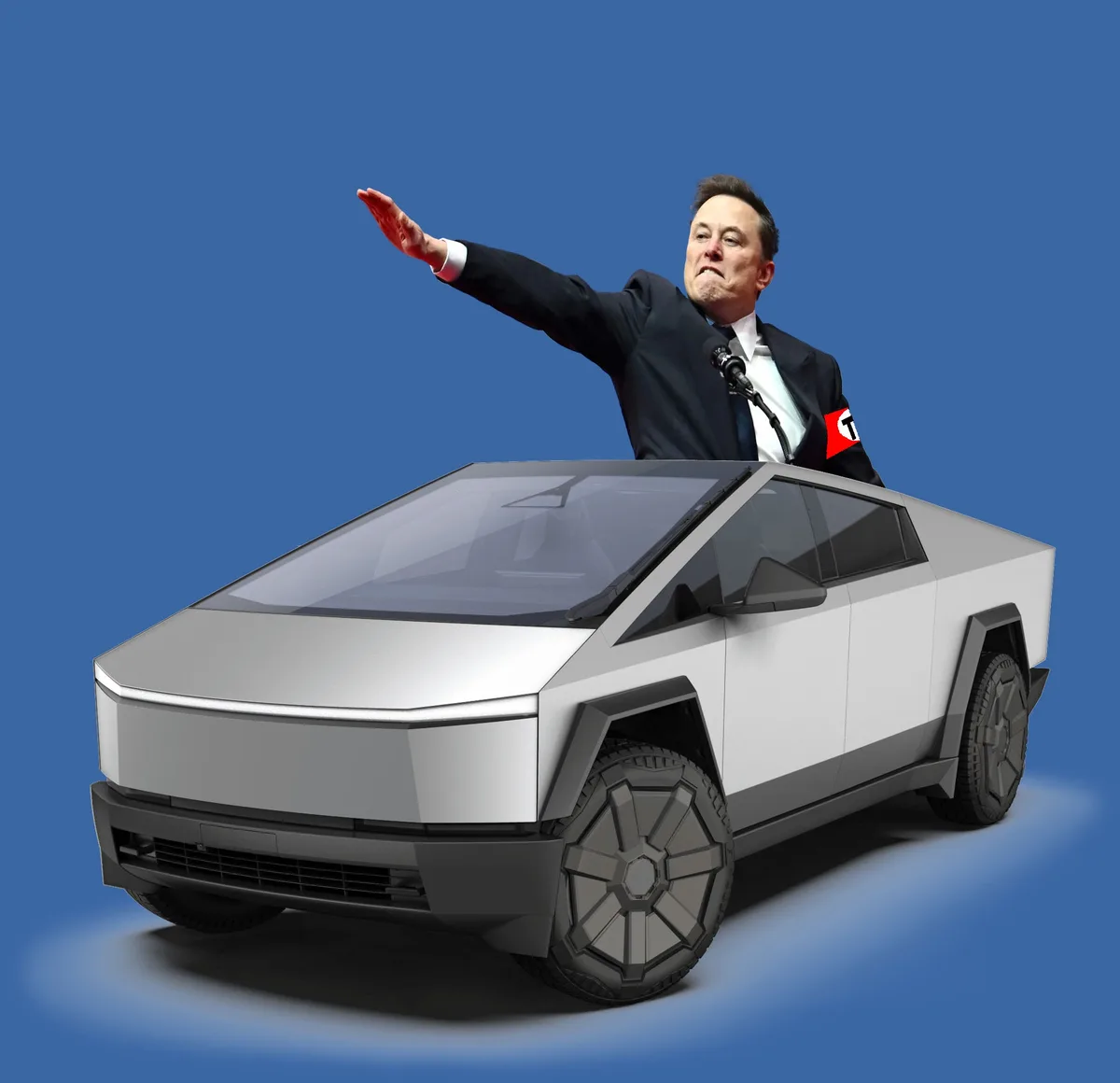 A digitally altered image shows Elon Musk in a suit, standing atop a silver Tesla Cybertruck, gesturing outward with one arm…