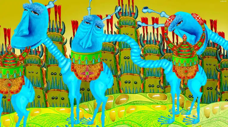 Three blue, elongated alien-like figures with antennae and ornate green and gold belts stand in a row against a backdrop of…
