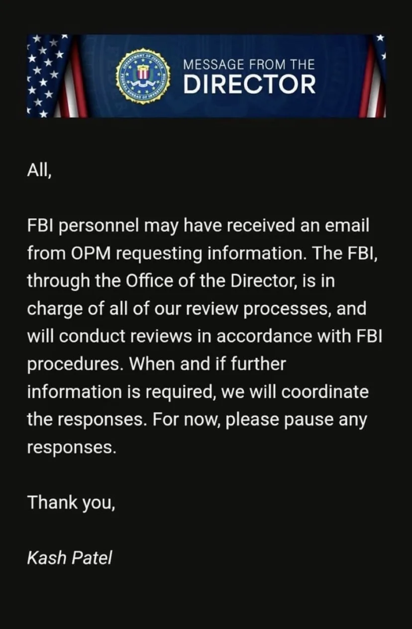 An official-looking FBI message titled 'MESSAGE FROM THE DIRECTOR' with the FBI seal and American flag imagery. The text is…