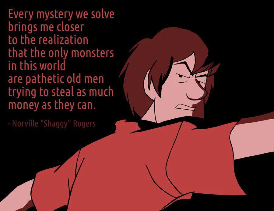 An animated character with brown hair and a red shirt, shown in profile with a skeptical, slightly disgusted expression…