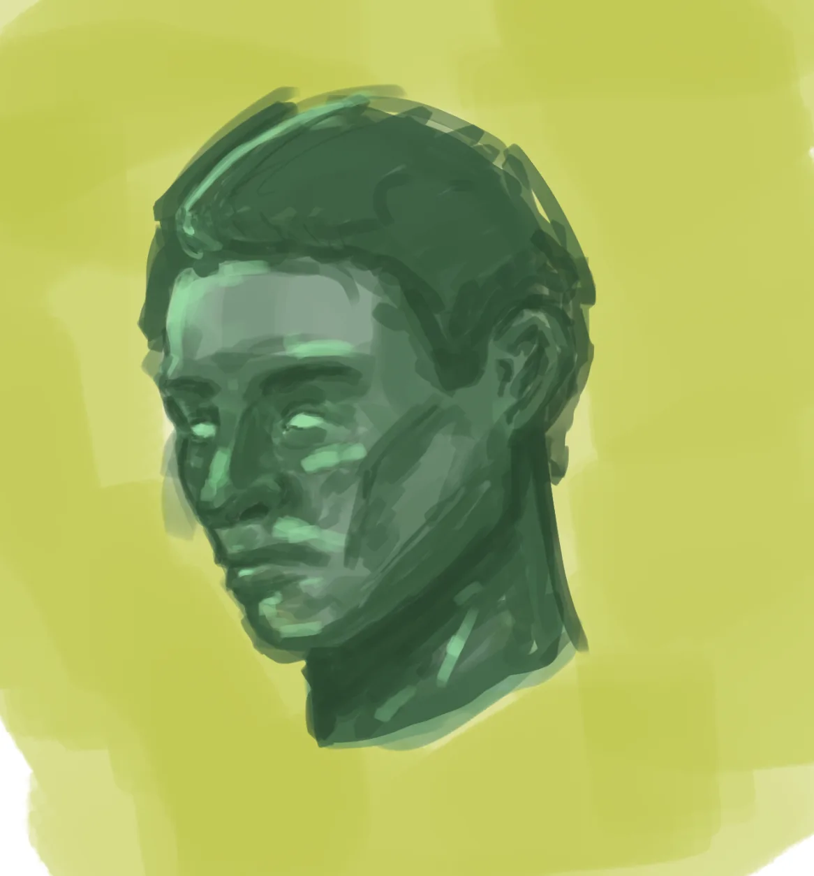 A stylized, sketchy digital portrait of a man's head and shoulders rendered in shades of green against a yellow-green…