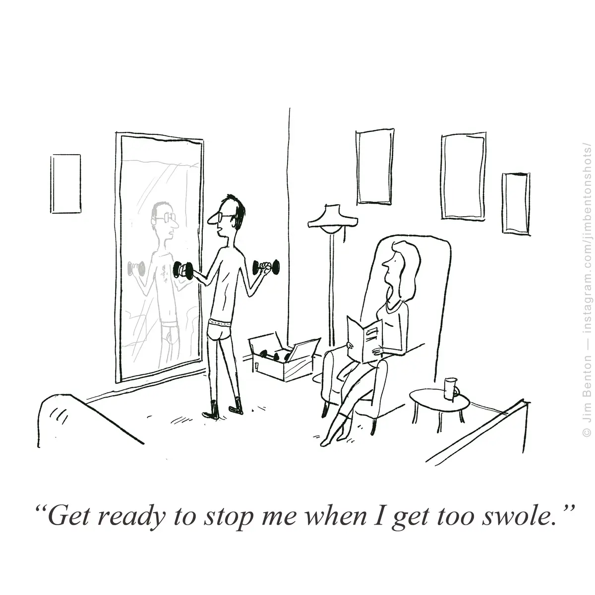 A black-and-white cartoon depicts a man in underwear lifting dumbbells in front of a full-length mirror while a woman sits…