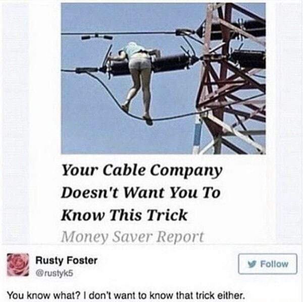 A person in shorts and a t-shirt is hanging from a cable on a tall utility tower, viewed from behind. Overlaid text reads…