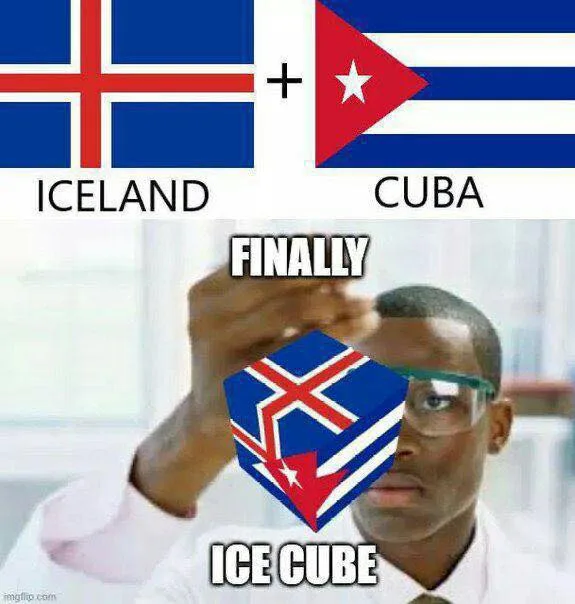The image shows the flag of Iceland and the flag of Cuba side by side with a plus sign between them, labeled 'ICELAND' and…