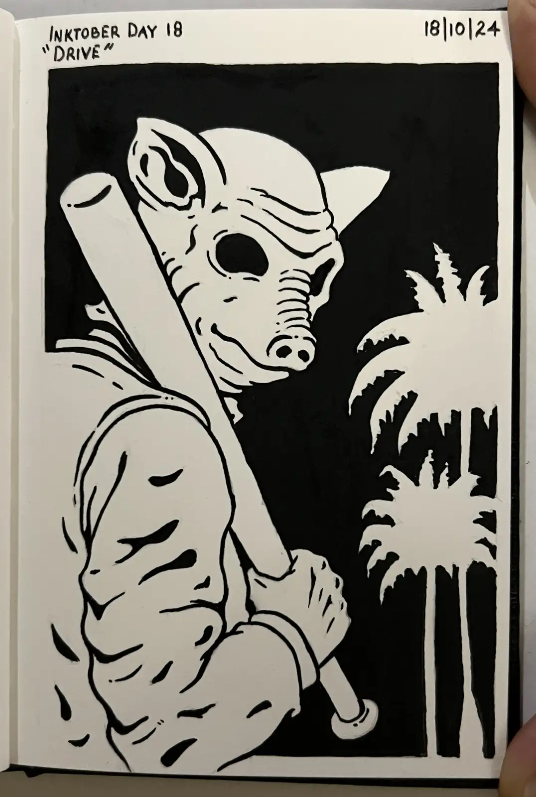 A black-and-white ink drawing shows a muscular person wearing a pig mask and carrying a baseball bat over their shoulder…