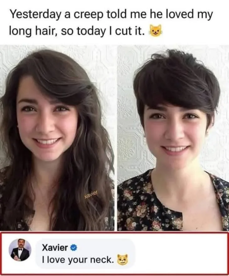 The image shows a side-by-side comparison of a woman with long hair and then with a short pixie haircut. The top text reads…