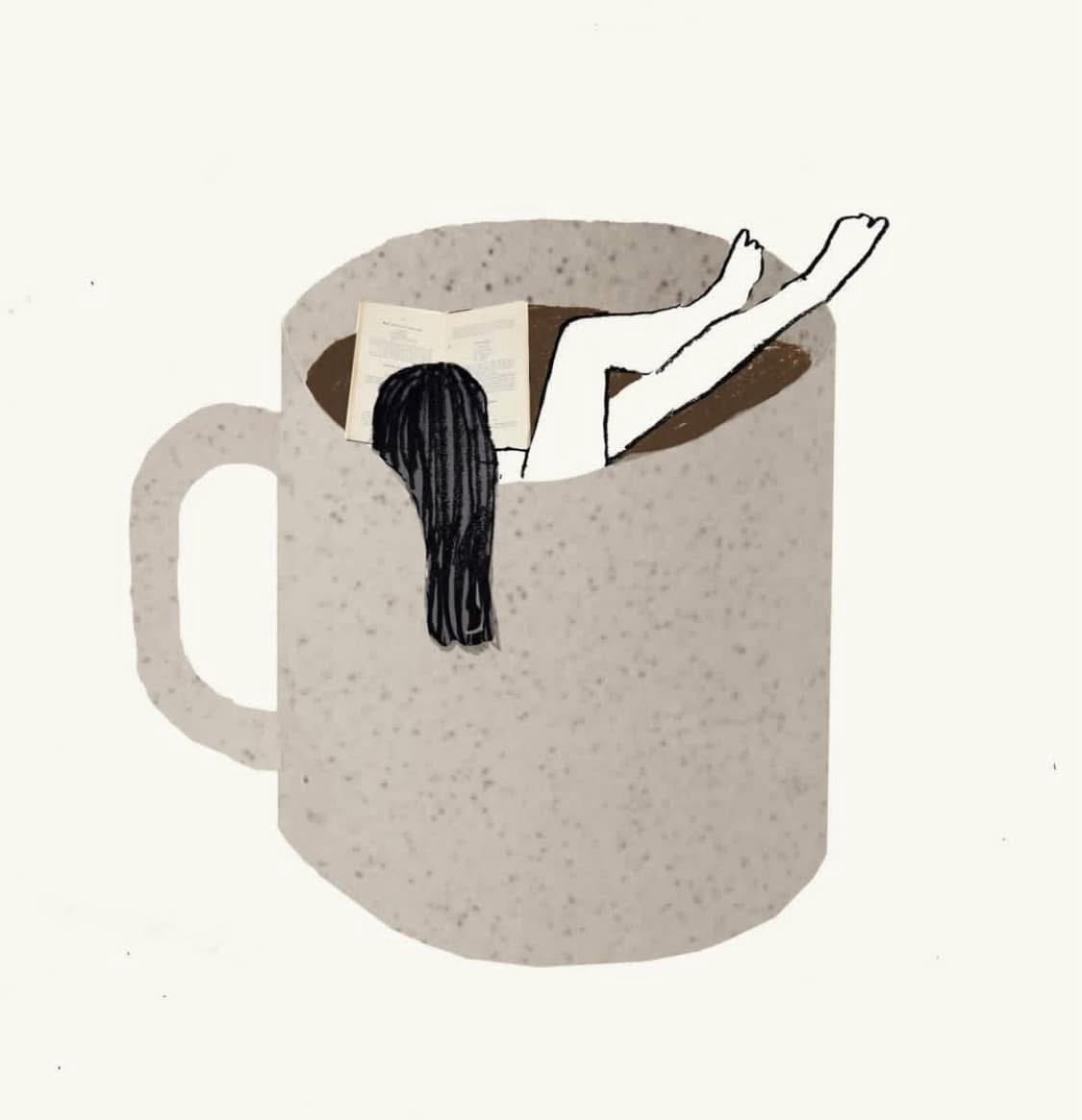 An illustration shows a stylized person with long black hair and white limbs lounging inside a speckled beige mug, legs…