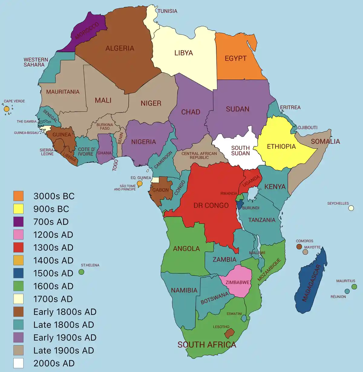 A map of Africa color-coded by historical period, showing when each country was formed or existed, with a legend on the left…