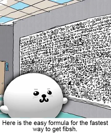 A cartoon seal stands in front of a wall covered in chaotic, illegible scribbles resembling mathematical equations or…