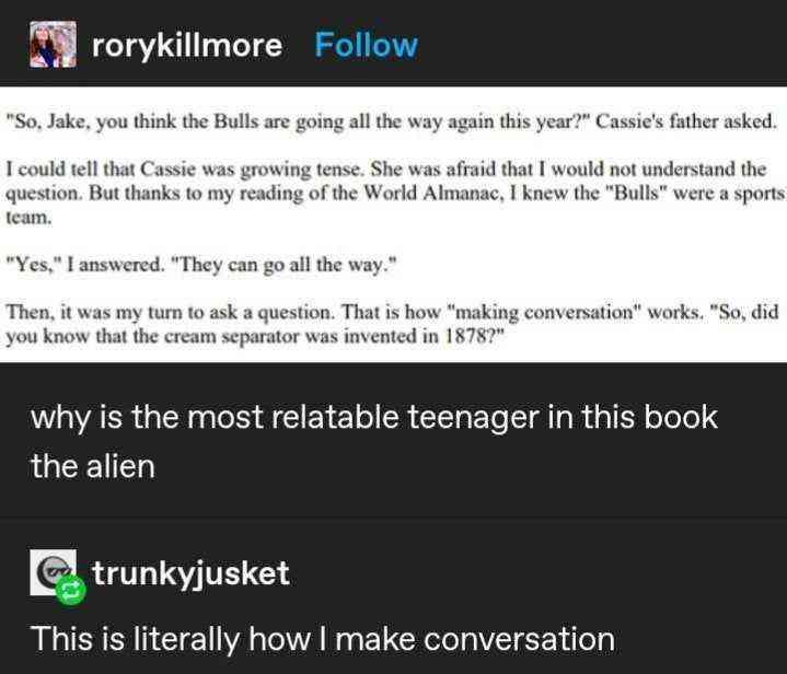 The image shows a screenshot of a social media post with a text excerpt from a book where a character asks about the Chicago…