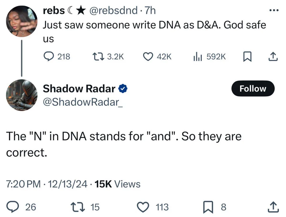 A screenshot of a Twitter thread shows user 'rebs' expressing shock that someone wrote 'DNA' as 'D&A', calling for divine…