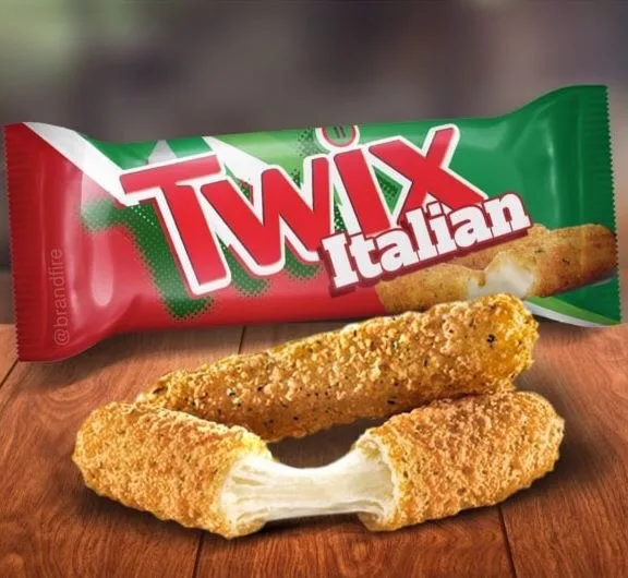 A product shot shows a green and red Twix candy bar wrapper labeled 'TWIX Italian' behind two golden-brown, breaded…