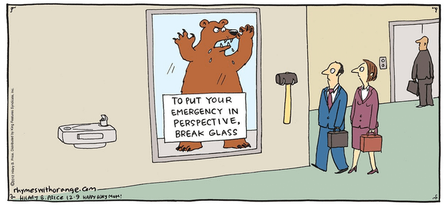 A cartoon depicts a brown bear trapped behind a glass pane, visibly distressed with sweat and claws on the glass, holding a…