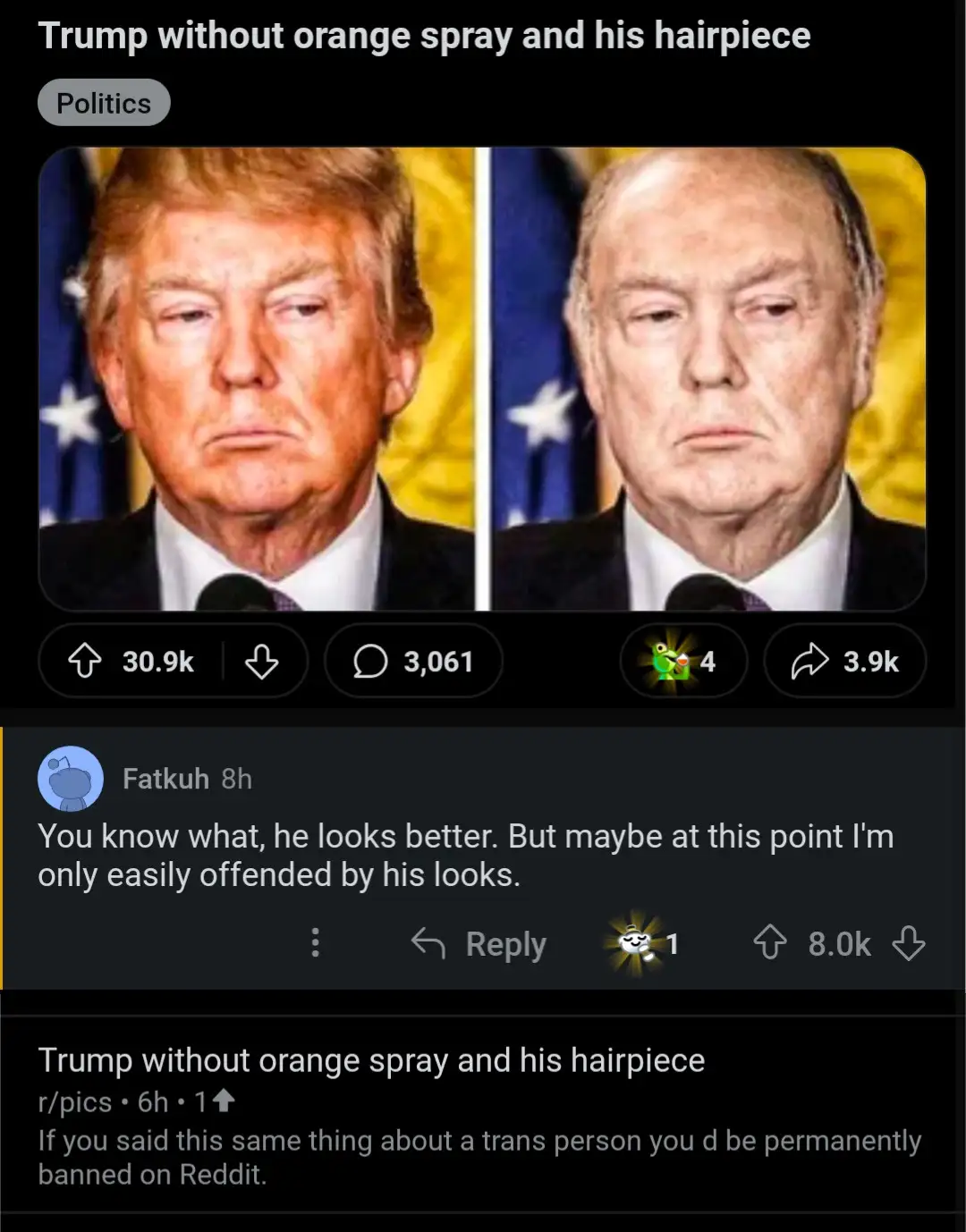 The image displays a side-by-side comparison of Donald Trump. The left panel shows him with his signature blonde hair, while…