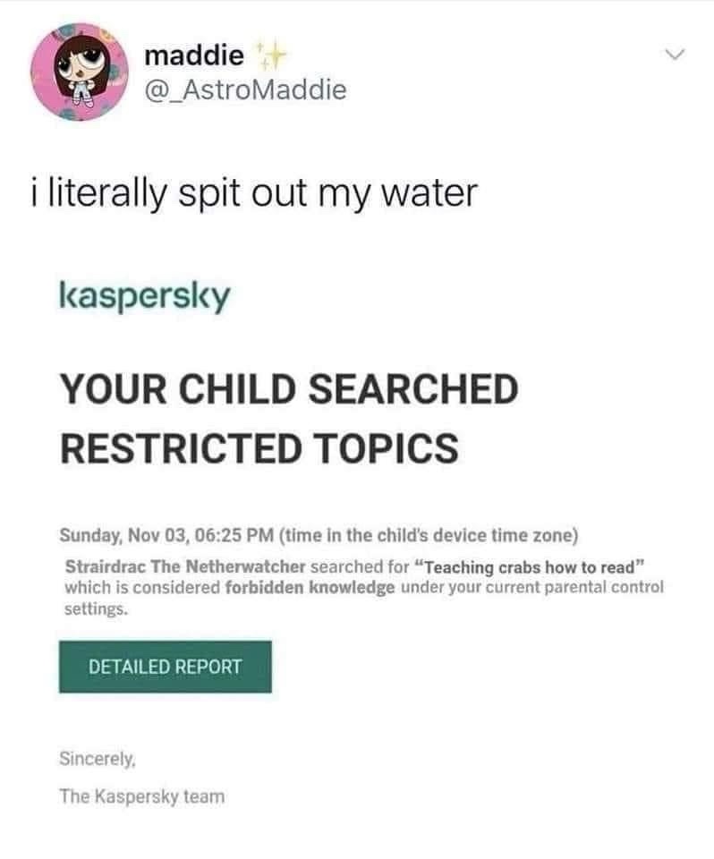 A screenshot of a Kaspersky parental control alert showing a child searched for 'Teaching crabs how to read,' which is…