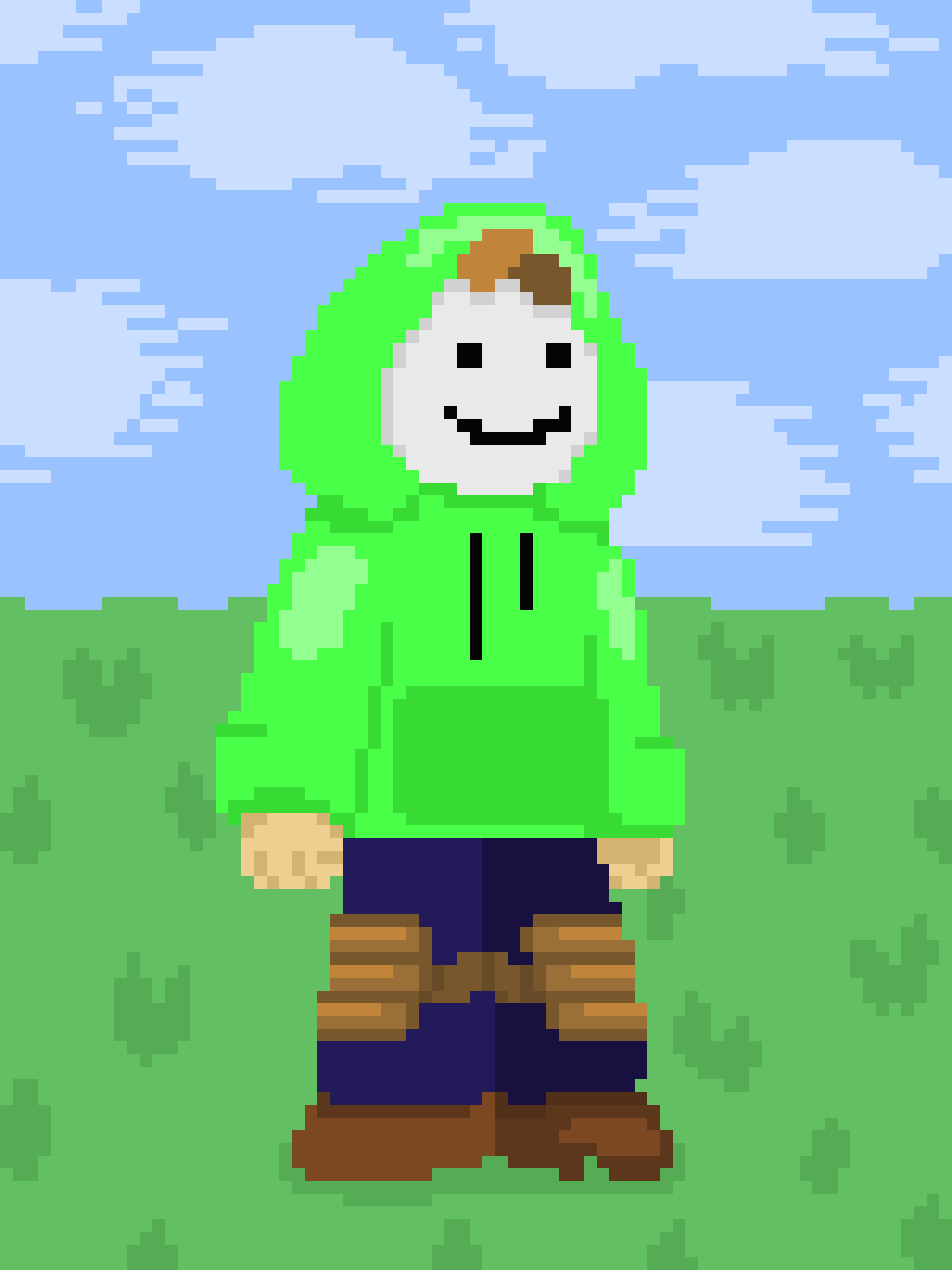 A pixel art character with bright green hair and a green hoodie stands in a grassy field under a blue sky with clouds. The…