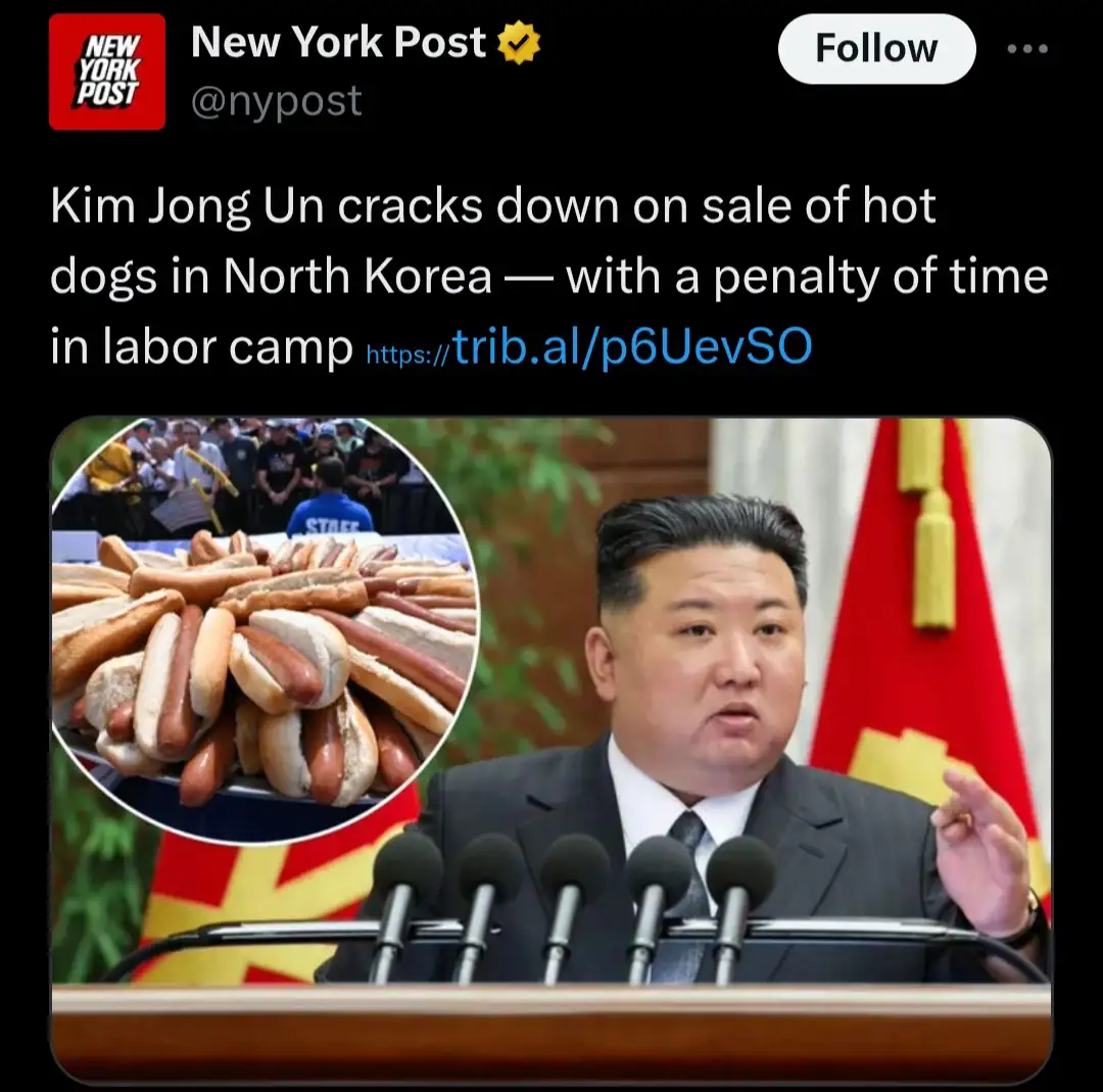 A screenshot of a New York Post tweet shows a photo of Kim Jong Un speaking at a podium with microphones, next to a circular…