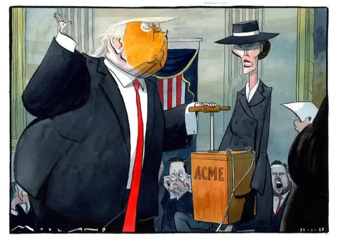 A cartoon depicts a caricature of Donald Trump in a suit and red tie, gesturing wildly while standing beside a woman in a…