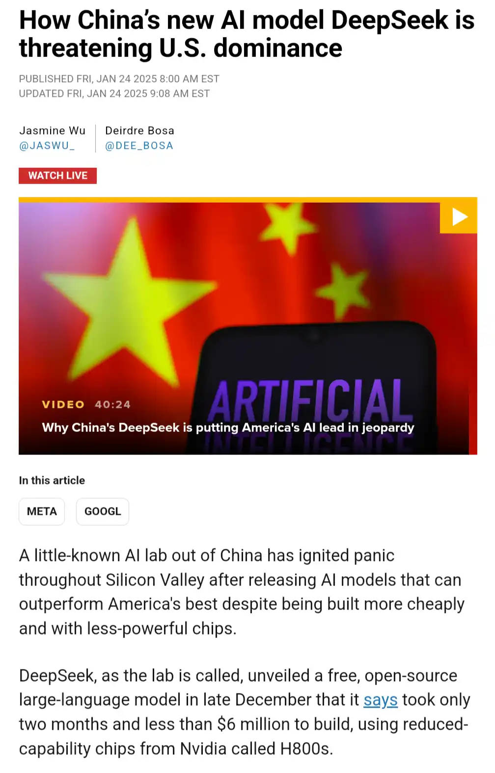 A screenshot of a news article titled 'How China's new AI model DeepSeek is threatening U.S. dominance' shows a video…