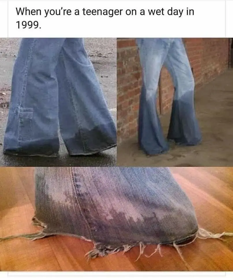 The image shows three photos of bell-bottom jeans: the top left shows wet jeans on pavement, the top right shows the same…