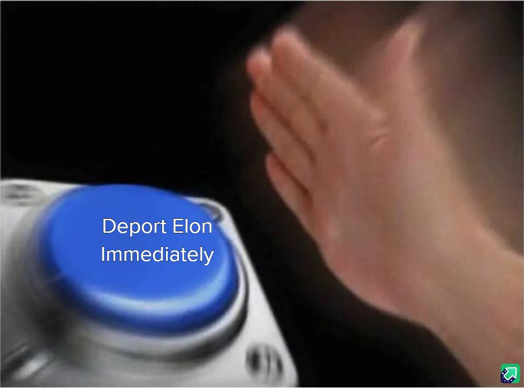 A blurry image shows a hand reaching toward a large blue button mounted on a silver panel. White text overlaid on the button…