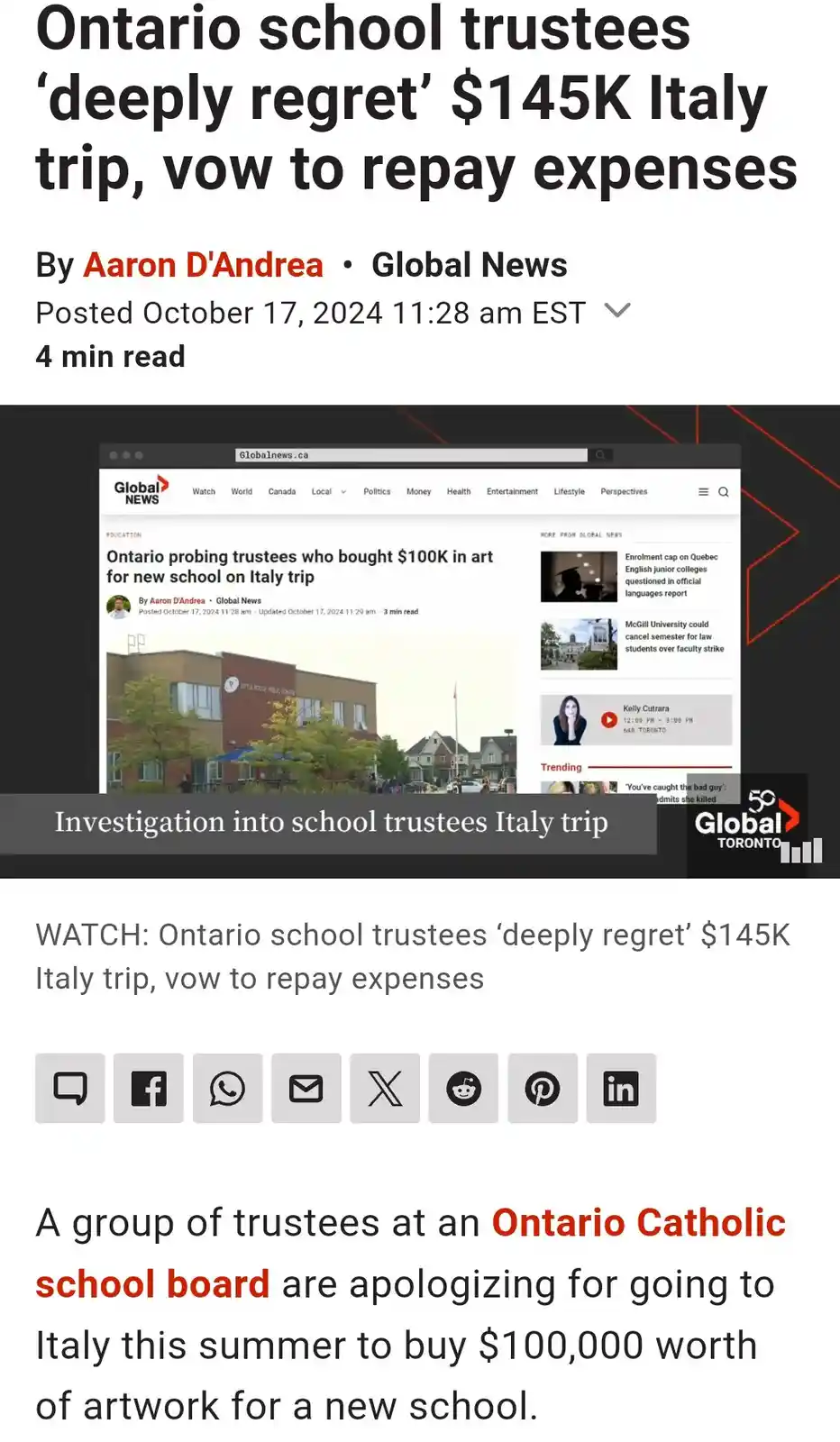A screenshot of a Global News article headline about Ontario school trustees regretting a $145,000 Italy trip to buy…