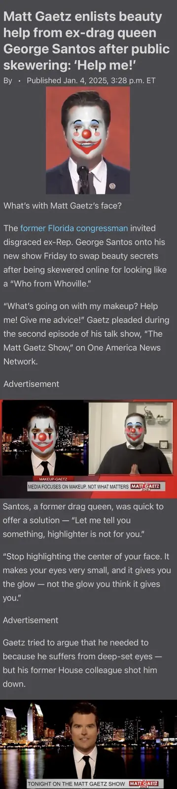 A screenshot of a news article about Matt Gaetz, who appears in a video call with George Santos both wearing clown makeup…