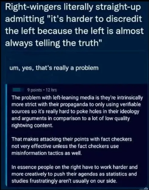 A screenshot of a Reddit comment thread where a user claims right-wingers admit it's harder to discredit the left because…