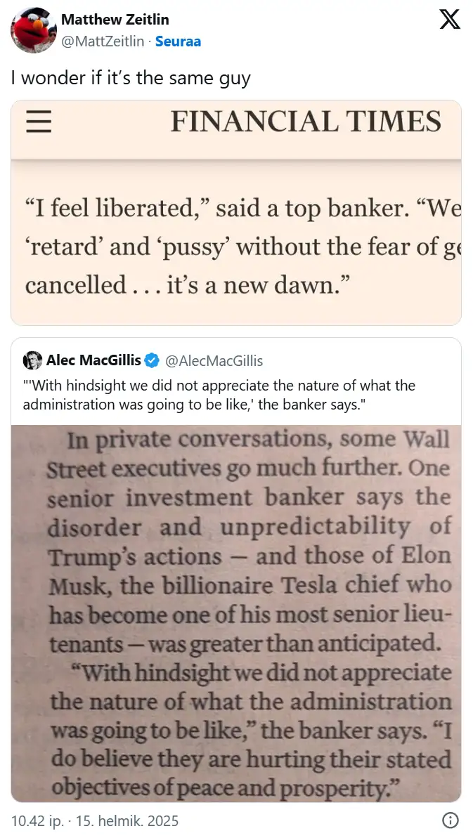 The image is a screenshot of a Twitter thread by Matthew Zeitlin, showing a Financial Times article excerpt where a banker…