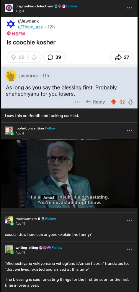 A screenshot of a Reddit thread where a user asks 'Is coochie kosher?' and another replies 'As long as you say the blessing…