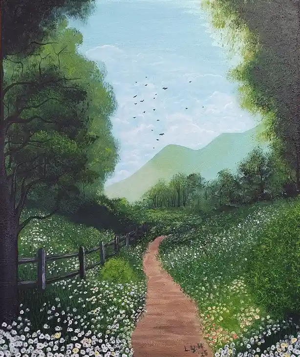 A serene oil painting depicts a winding dirt path through a lush green meadow filled with white and yellow wildflowers…