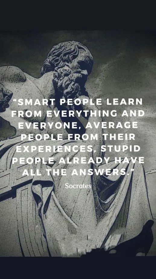 A black-and-white image of a classical statue, likely of Socrates, with a quote overlaid in large white text. The quote…