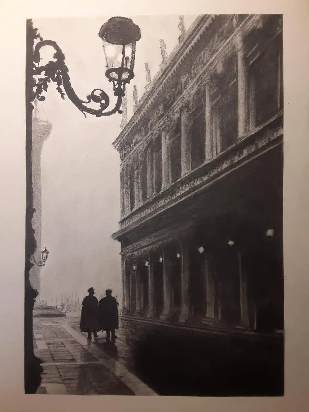 A black-and-white drawing depicts two silhouetted figures walking down a wet, cobblestone street beside an ornate, classical…