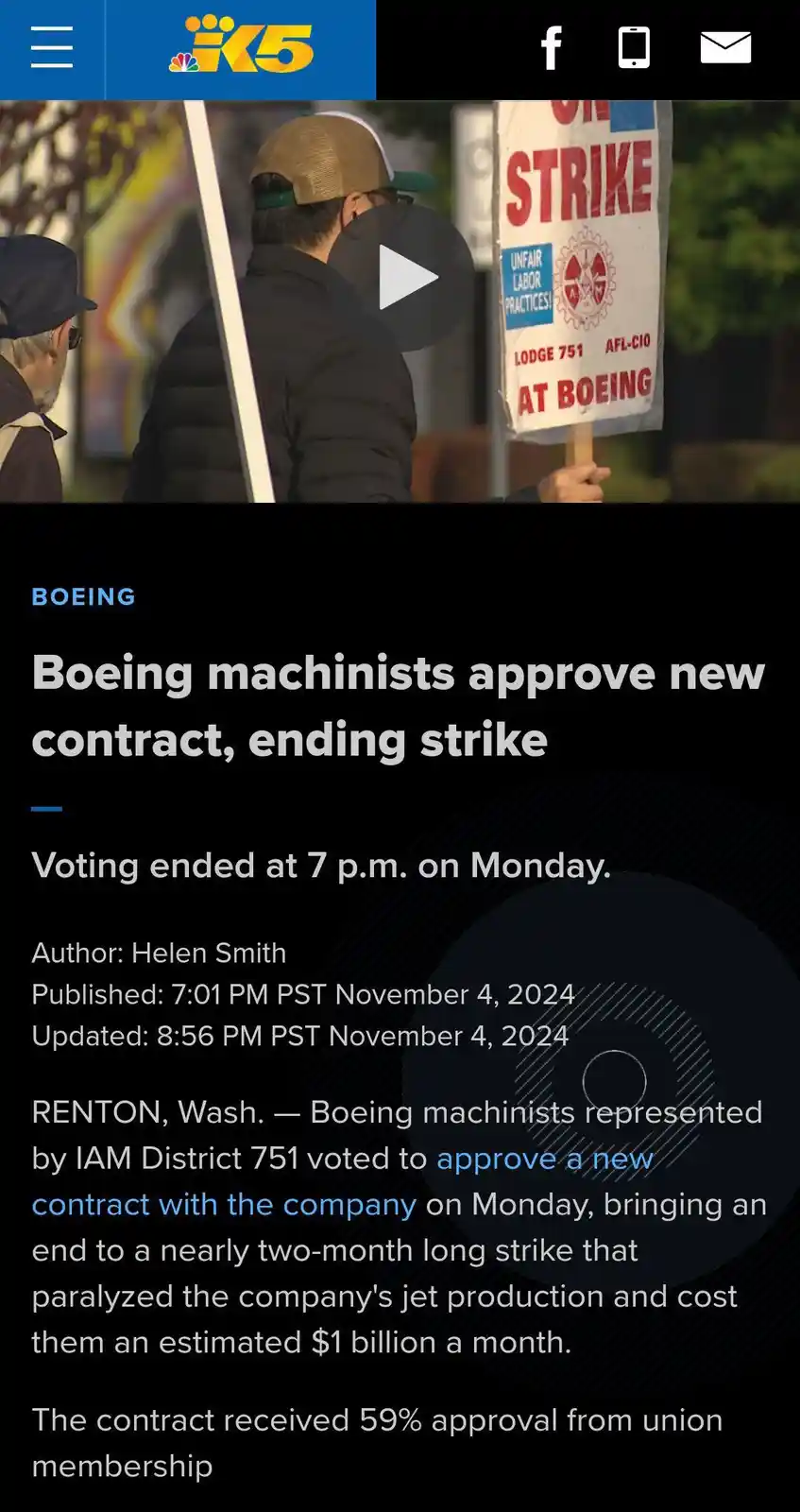 A screenshot of a news article from K5 NBC about Boeing machinists approving a new contract, ending a strike. The image…