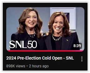 A YouTube video thumbnail for a 2024 pre-election cold open from SNL, featuring two smiling women in dark suits with pearl…