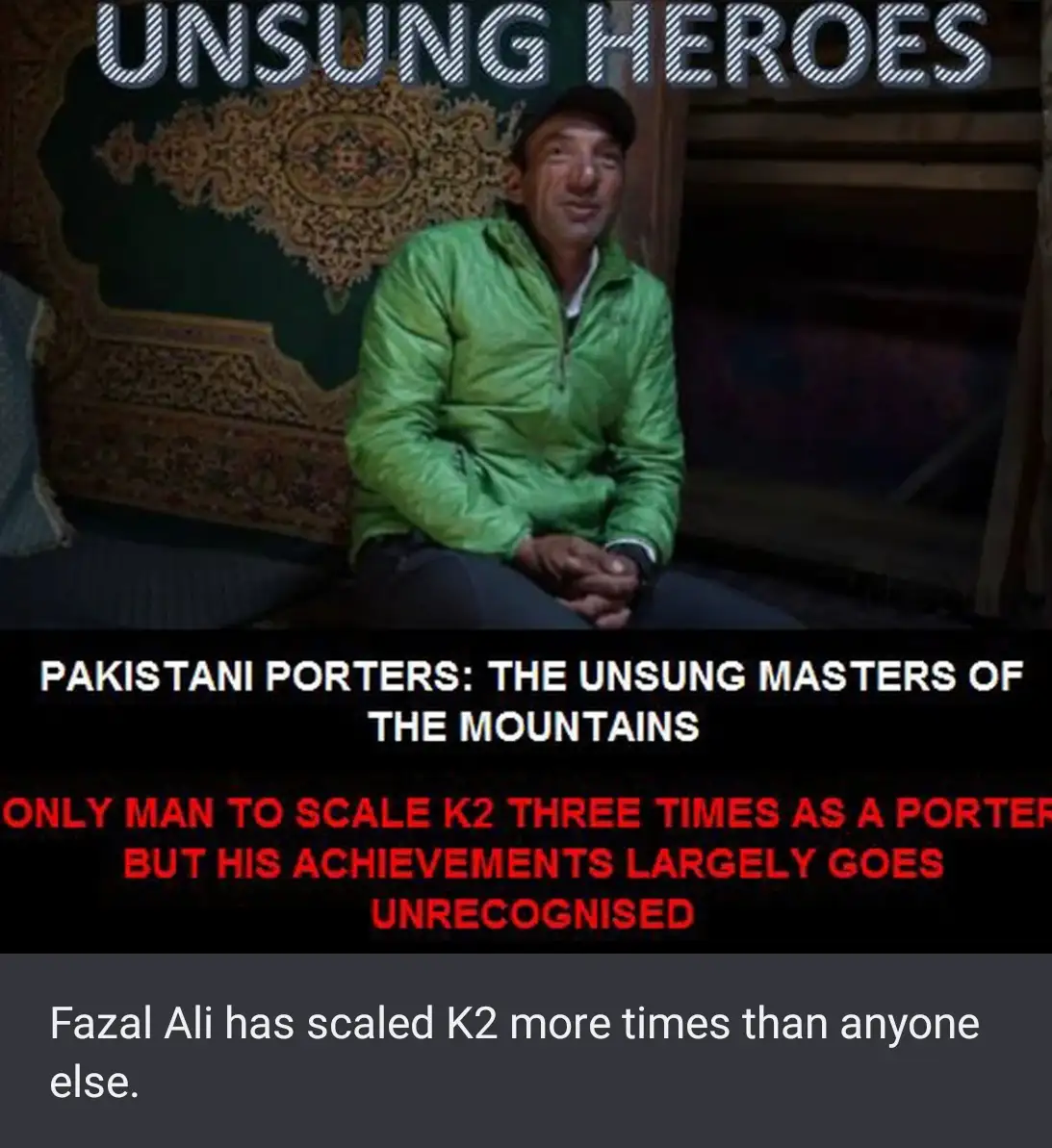 A man in a green jacket and cap sits calmly, with ornate patterned walls behind him. Text overlays praise him as an 'unsung…