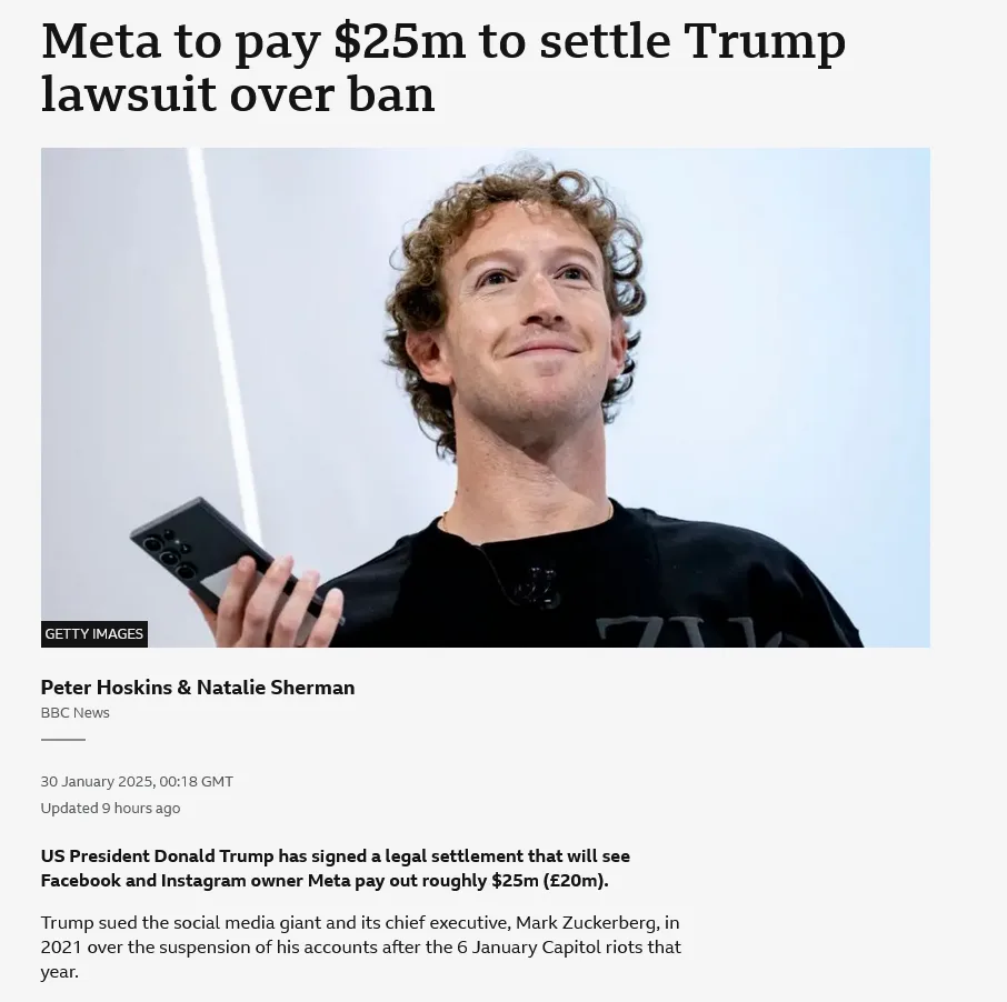 A news article screenshot shows Mark Zuckerberg smiling while holding a smartphone, with the headline 'Meta to pay $25m to…