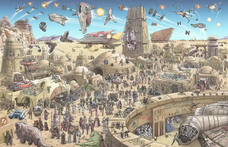A detailed, bustling illustration of the Star Wars planet Tatooine, filled with desert architecture, crowds of diverse alien…