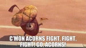 A cartoon acorn character with a determined expression is shown mid-stride on a track, arms pumping, as if running a race…