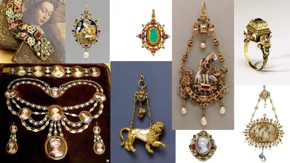A collage of nine ornate, historically valuable pieces of jewelry including a portrait necklace with miniature portraits, a…
