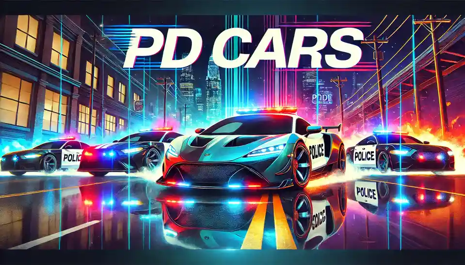 A vibrant, neon-lit city street at night features four high-performance sports cars modified as police vehicles, all with…