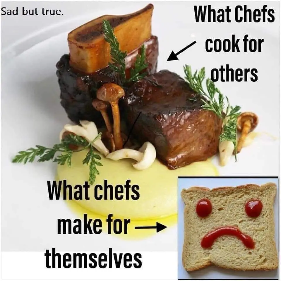A professionally plated dish of seared meat with mushrooms and garnish is labeled 'What Chefs cook for others.' Below it, a…