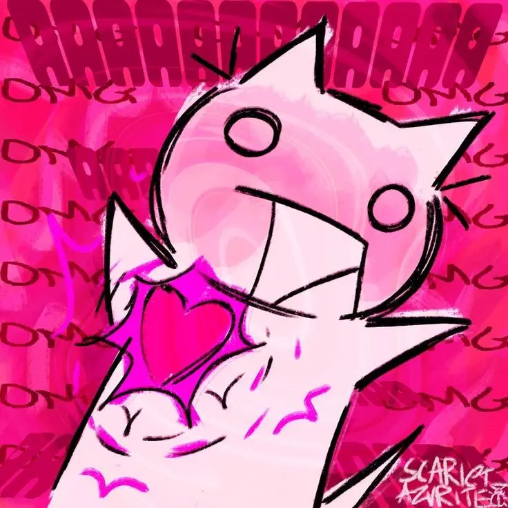 A cartoon-style pink cat with spiky hair and a wide, toothy grin is shown against a vibrant pink background filled with…