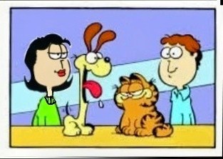 A cartoon image shows three characters: a woman in a green shirt, a tall yellow dog with a long snout and drooling mouth…