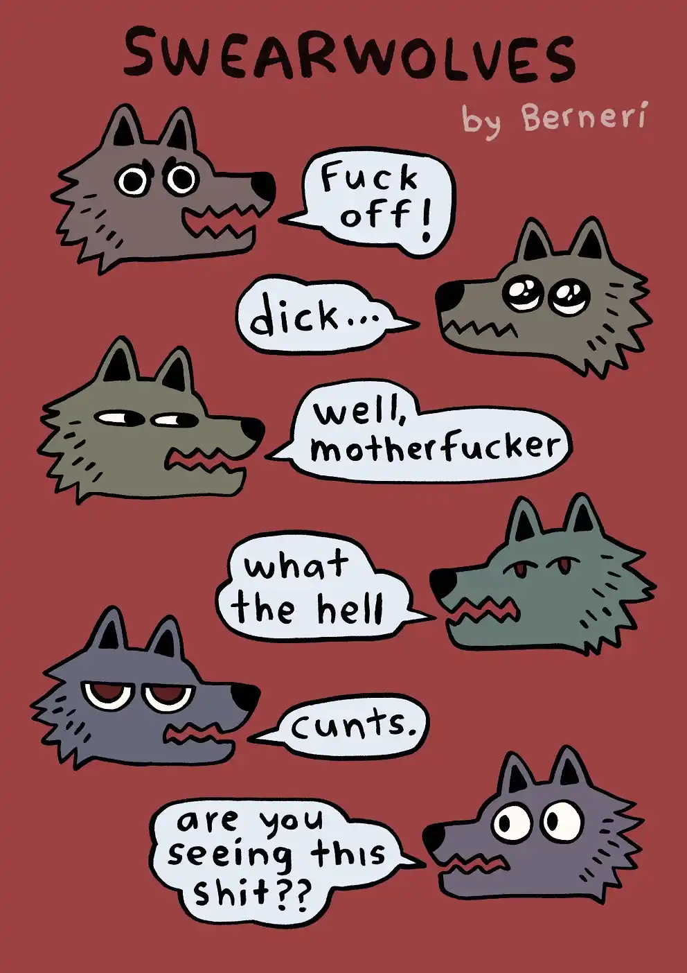 A cartoon illustration of multiple wolves with speech bubbles containing progressively more vulgar language, starting with…