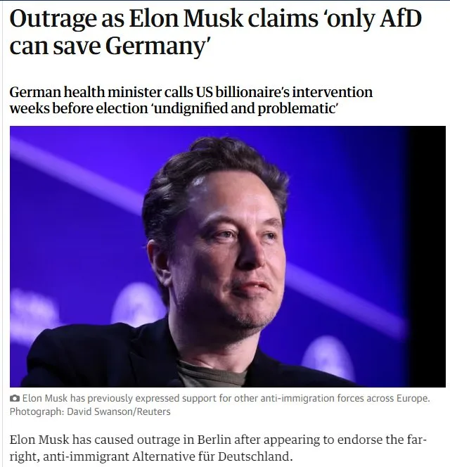 A news article screenshot shows a photo of Elon Musk looking pensive against a blue background. The headline reads 'Outrage…