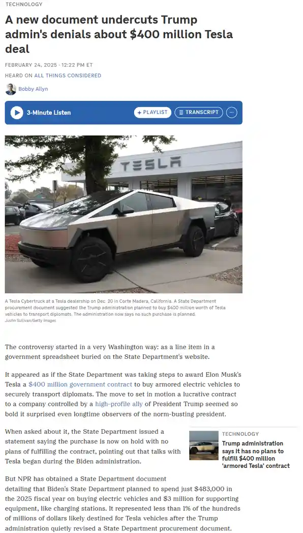 A screenshot of a news article about a $400 million Tesla deal under the Trump administration, featuring a photo of a silver…